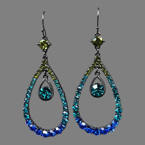 Elegant Blue and Green Rehnistone Teardrop Earrings - Picture 4 of 17